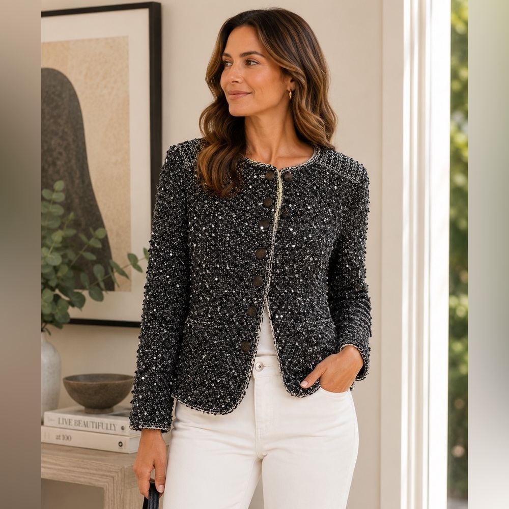Theyskens' Theory Beaded Tweed Boucle Jacket Metallic Sequin Detail - Size 0 NWT